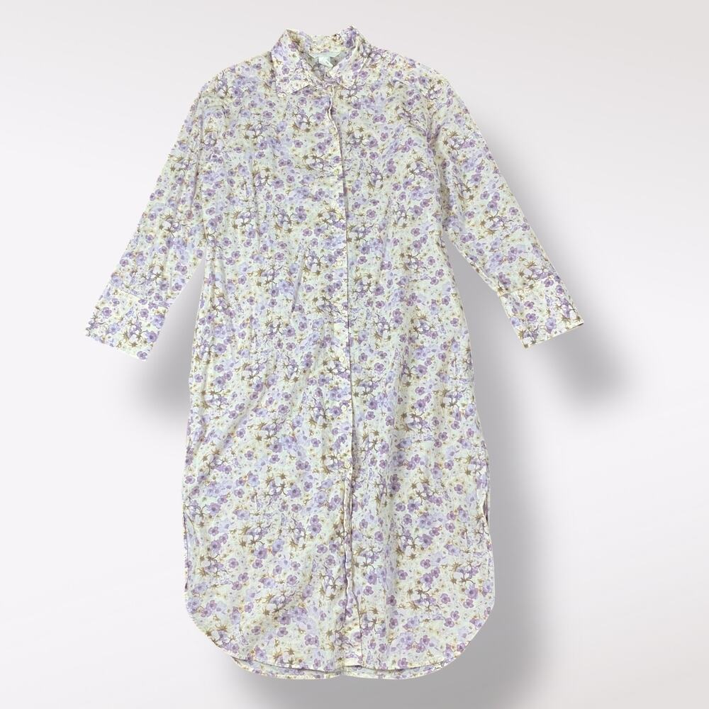 H&M Floral Cotton Button-Up Midi Shirt Dress Size S Purple Cream